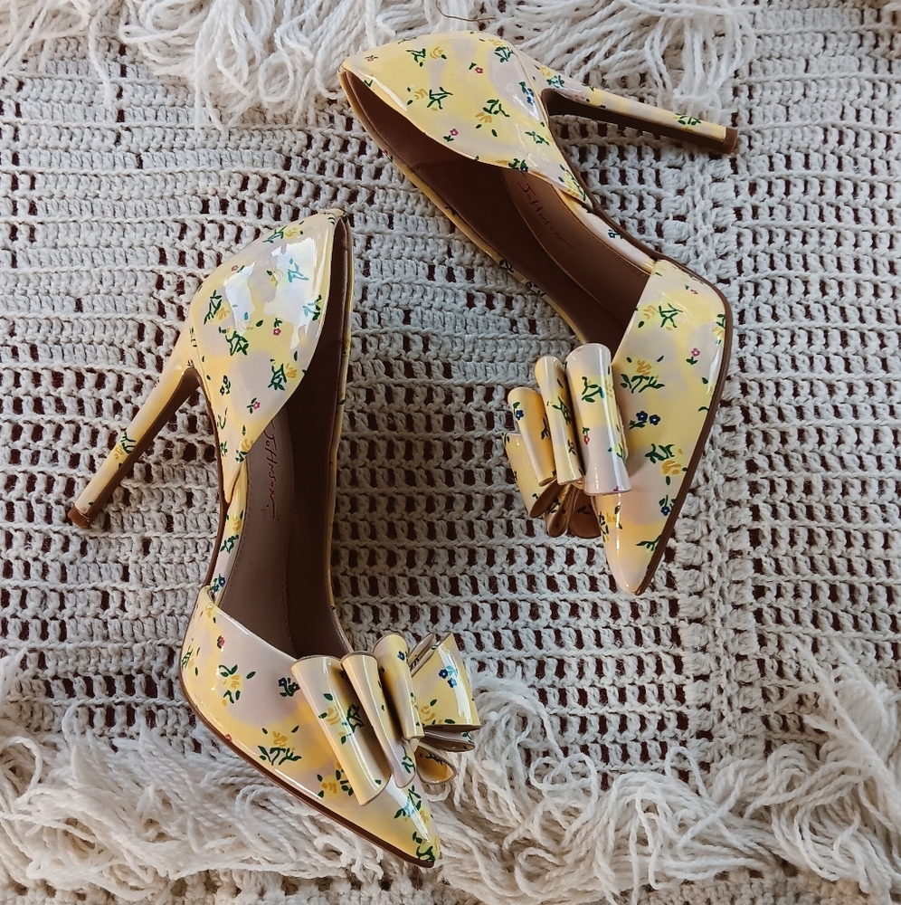 ↠ Betsey Johnson Lolita Coquette Yellow Floral Bow Front D'orsay Stiletto Heels